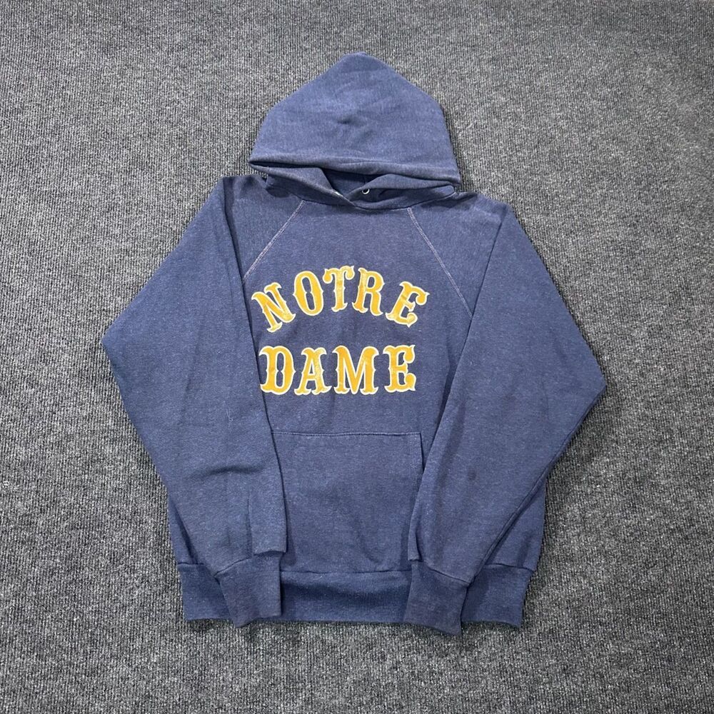 Vintage 70s Downerwear Navy Notre Dame Hoodie Sweatshirt Mens Large